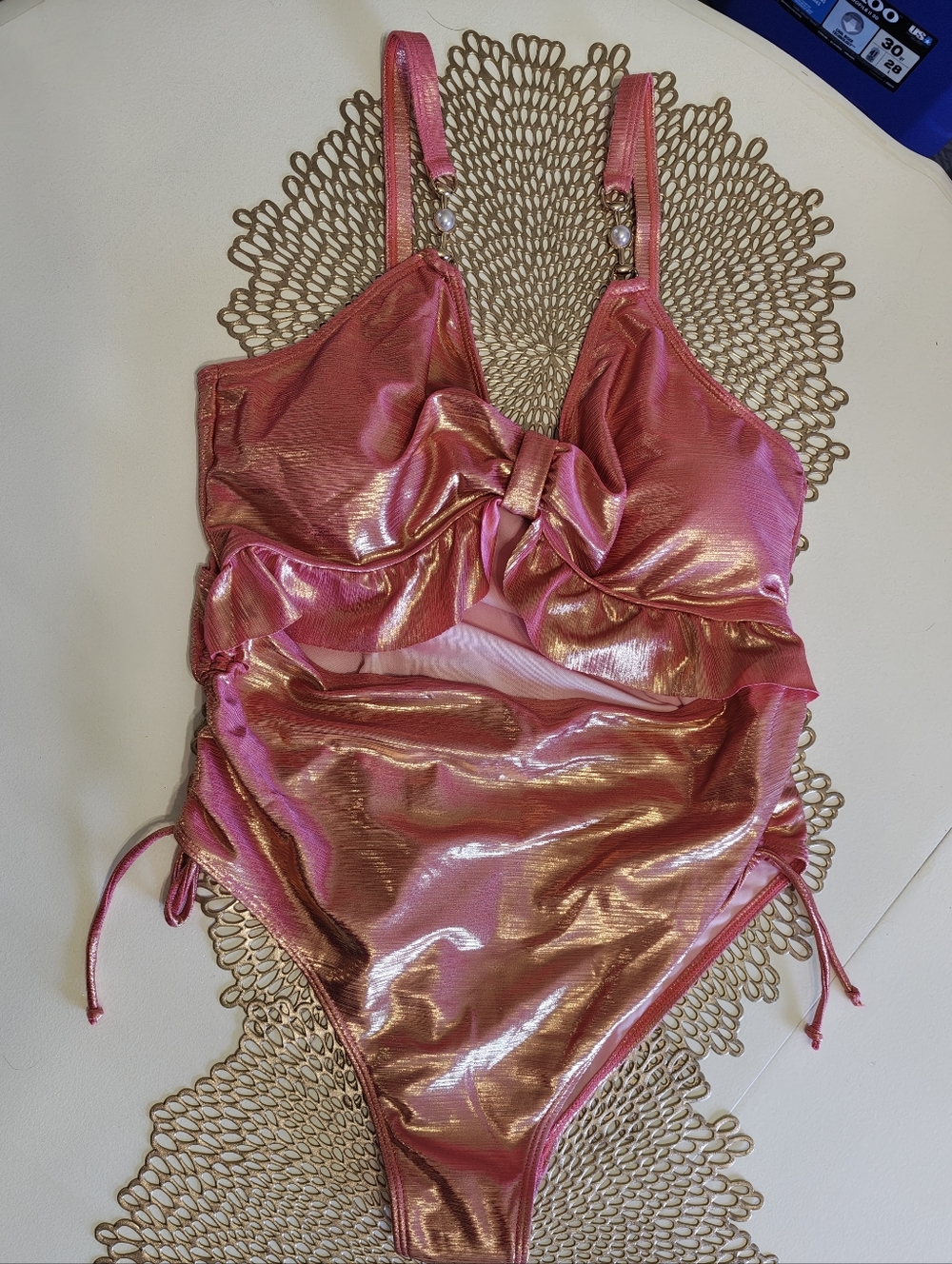 Metallic Rose Gold One-Piece Cutout Swimsuit with Faux Pearl Strap NWOT